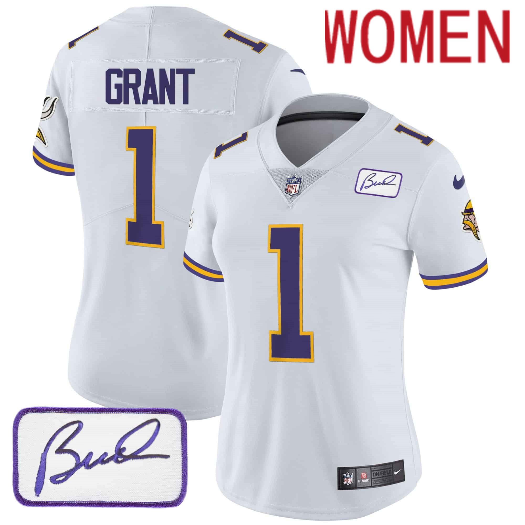 Women Minnesota Vikings 1 Grant White 2024 Nike Bud Grant Patch Classic Limited NFL Jersey style 1